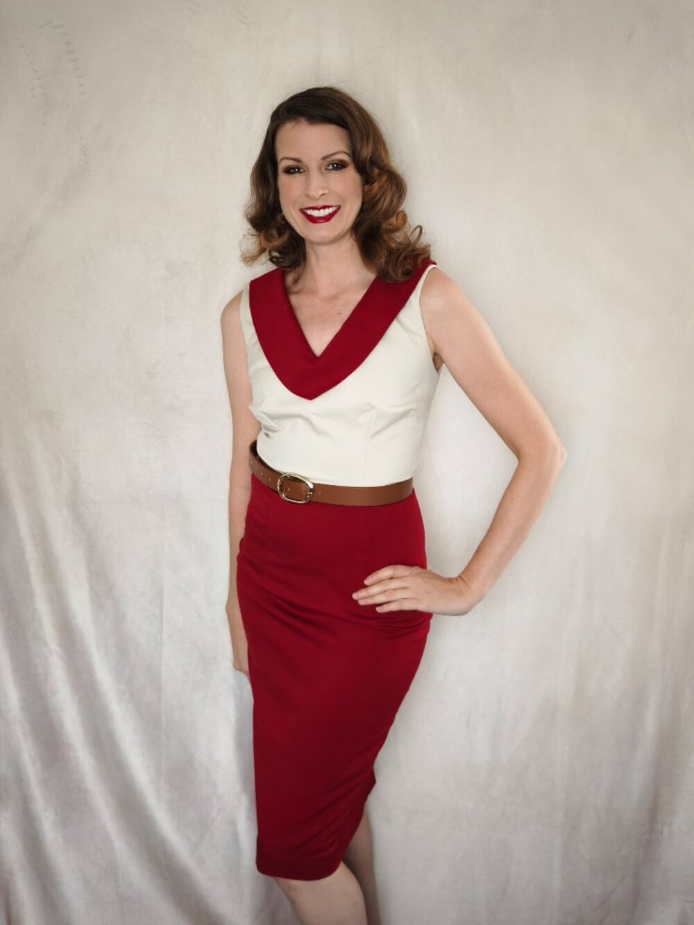 1960s style red and cream colorblock dress